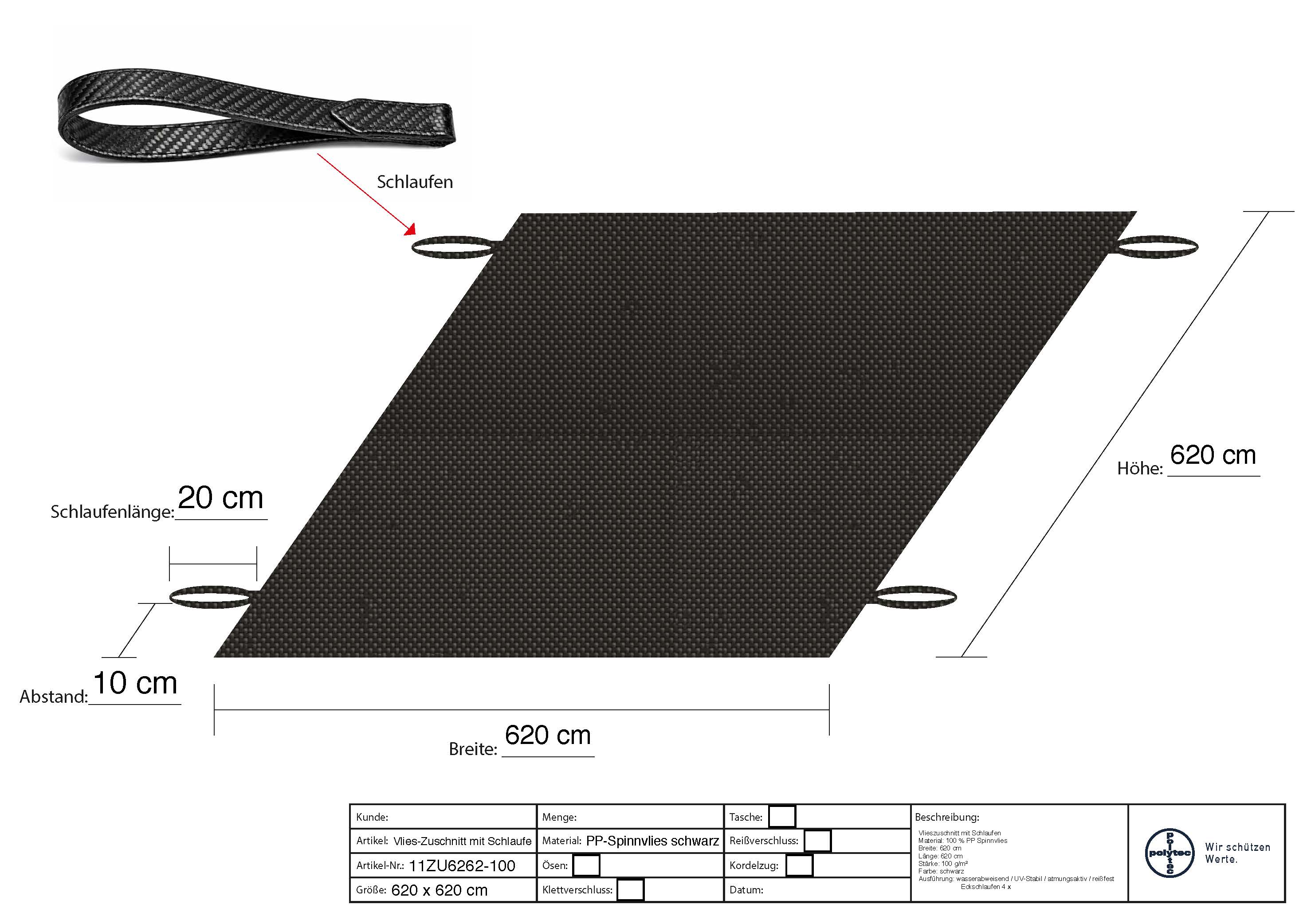 Vlies Zuschnitt mit Schlaufen 6,2 x 6,2 m Vlies Zuschnitt mit Schlaufen 6,2 x 6,2 m